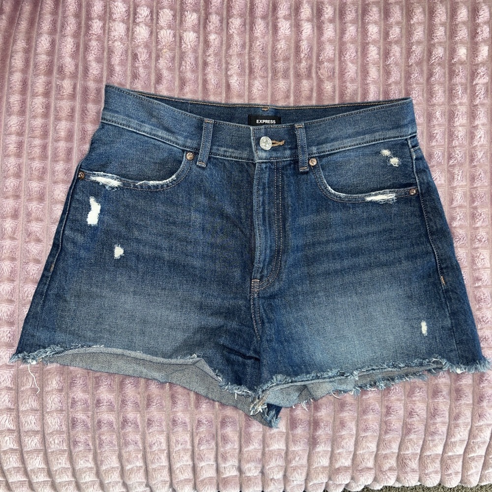 Express High Waist Denim Shorts - Blue